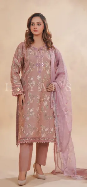 Pakistani Original Hayat’s Embroidered Stitched Cotton 3Pcs _ Mauve 